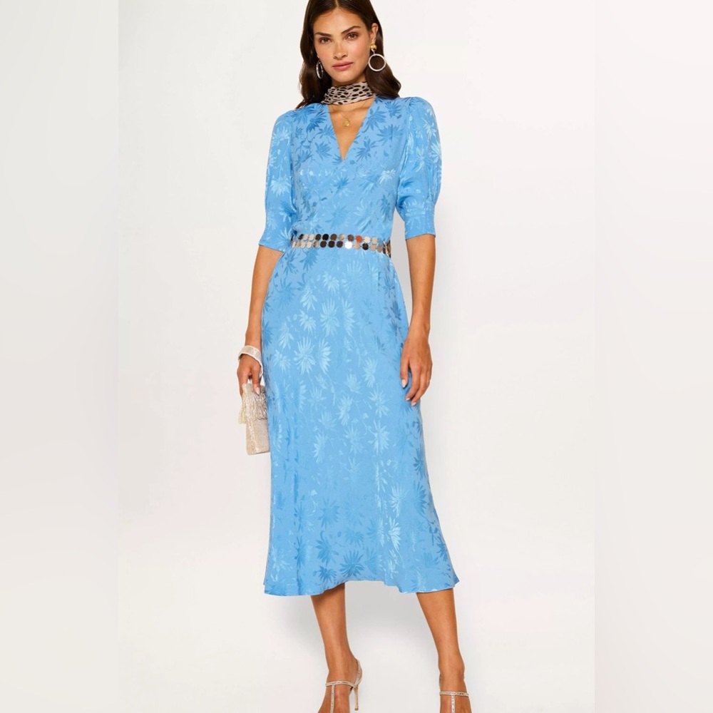 Rixo Zadie Leafy VNeck Dress Blue Leaf Jacquard, S